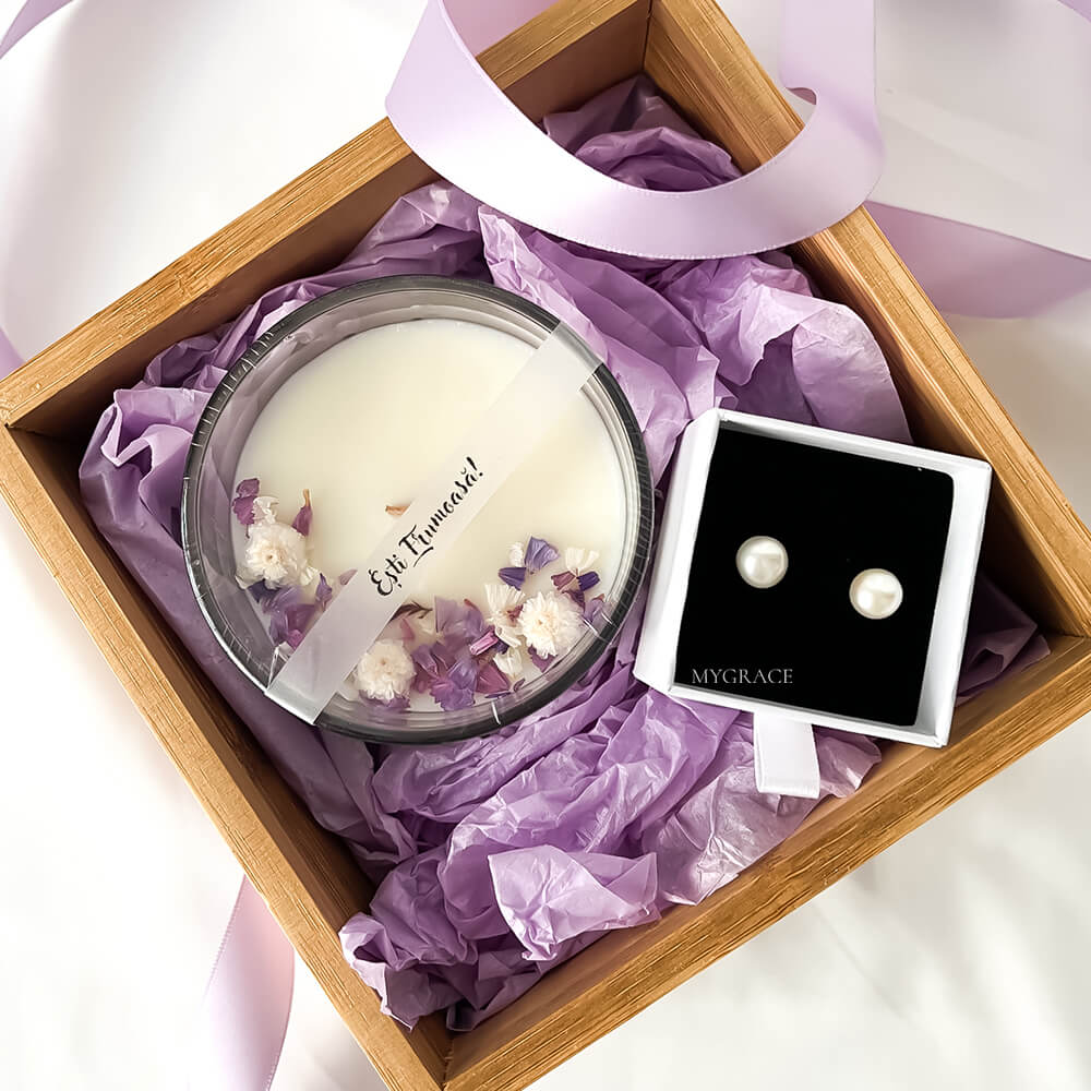 “You Are Beautiful” Gift Set – includes 1 pair of 925 sterling silver earrings with cultured pearls and 1 soy wax candle in a glass jar decorated with puple flowers.