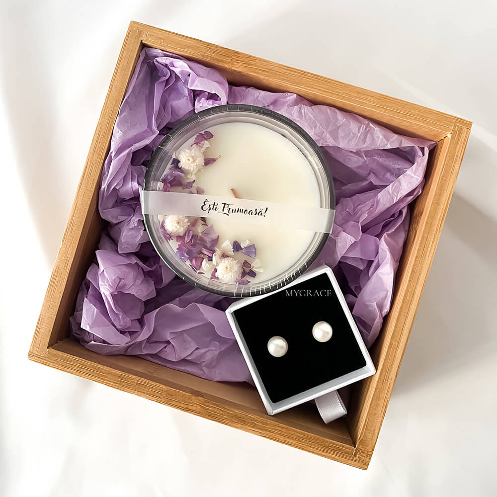 “You Are Beautiful” Gift Set – includes 1 pair of 925 sterling silver earrings with cultured pearls and 1 soy wax candle in a glass jar decorated with puple flowers.