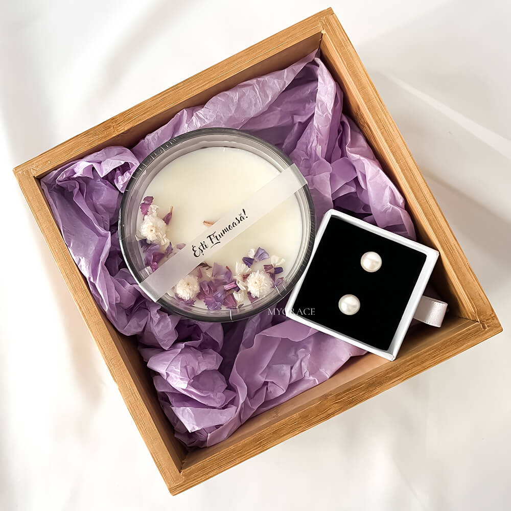“You Are Beautiful” Gift Set – includes 1 pair of 925 sterling silver earrings with cultured pearls and 1 soy wax candle in a glass jar decorated with puple flowers.