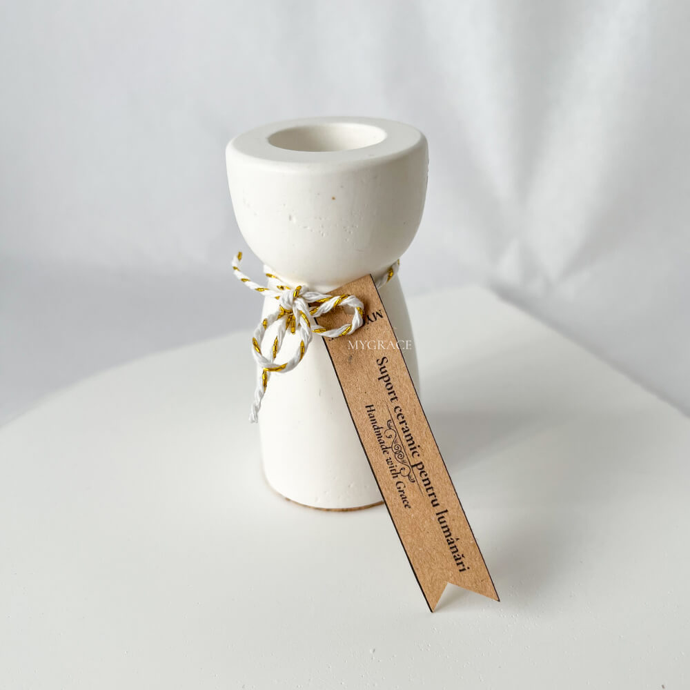 Suport lumânare, ceramic, alb, 8x4 cm