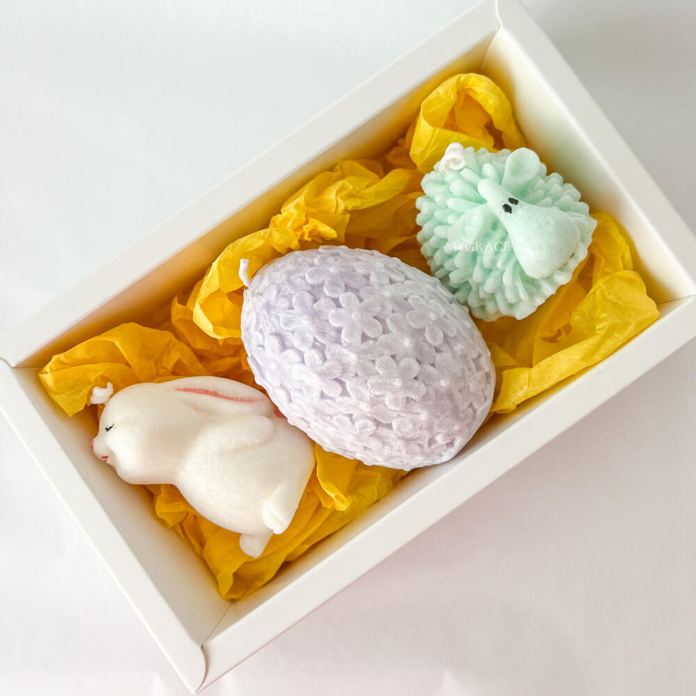 Set cadou Paște - set lumânări parfumate, ceară palmier - 1 iepuraș cu parfum de vată de zahăr, 1 oiță cu parfum de caramel și 1 ou de Paște