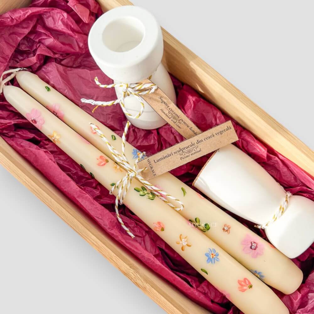 “Reverie” Gift Set – Hand-Painted Conical Candles for Candle Holders, Floral Design (2 pcs) with Ceramic Candle Holders (2 pcs)