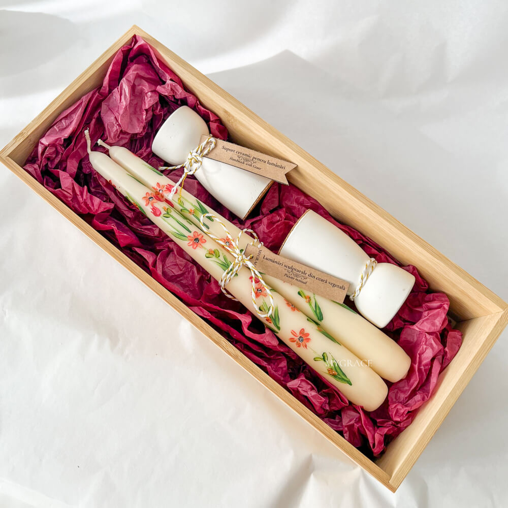 “Reverie” Gift Set – Hand-Painted Conical Candles for Candle Holders, Floral Design (2 pcs) with Ceramic Candle Holders (2 pcs)