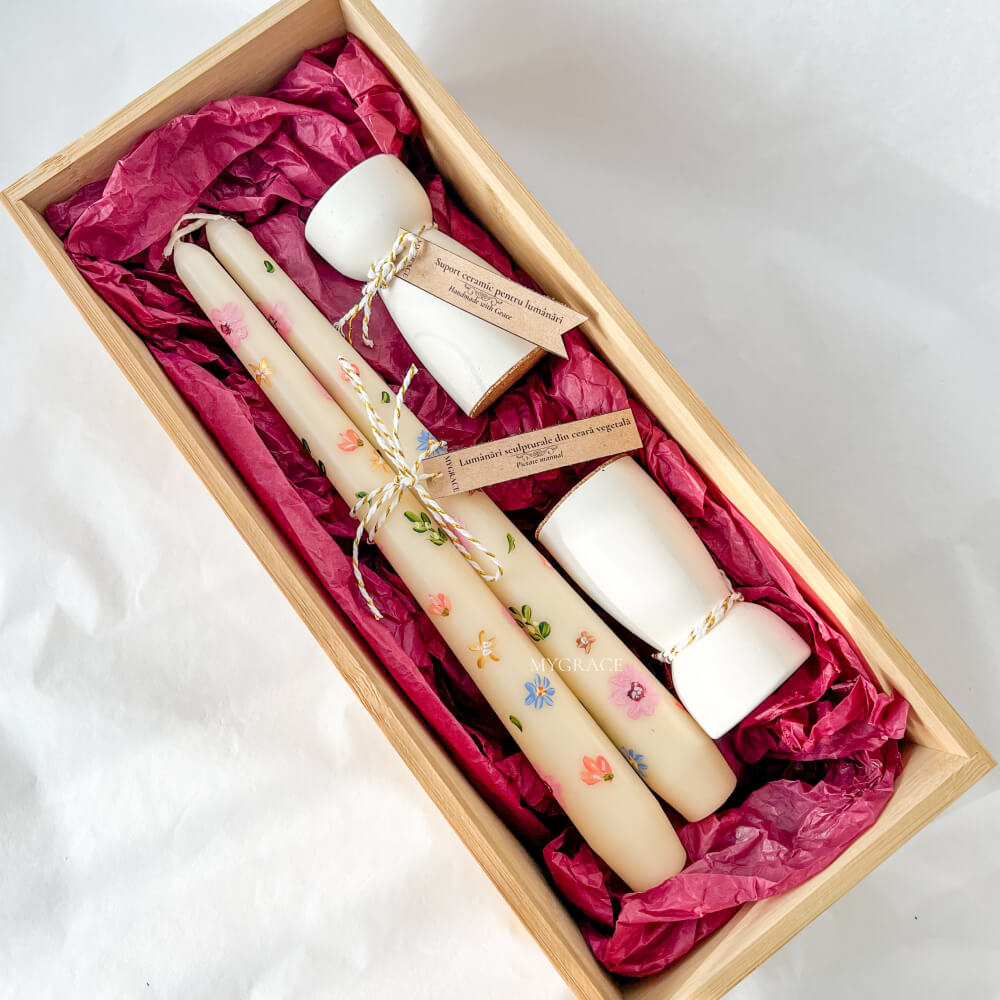 “Reverie” Gift Set – Hand-Painted Conical Candles for Candle Holders, Floral Design (2 pcs) with Ceramic Candle Holders (2 pcs)