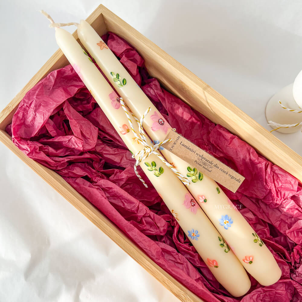 “Reverie” Gift Set – Hand-Painted Conical Candles for Candle Holders, Floral Design (2 pcs) with Ceramic Candle Holders (2 pcs)