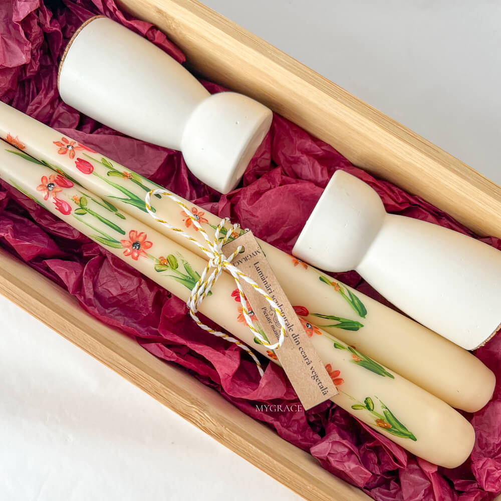 “Reverie” Gift Set – Hand-Painted Conical Candles for Candle Holders, Floral Design (2 pcs) with Ceramic Candle Holders (2 pcs)