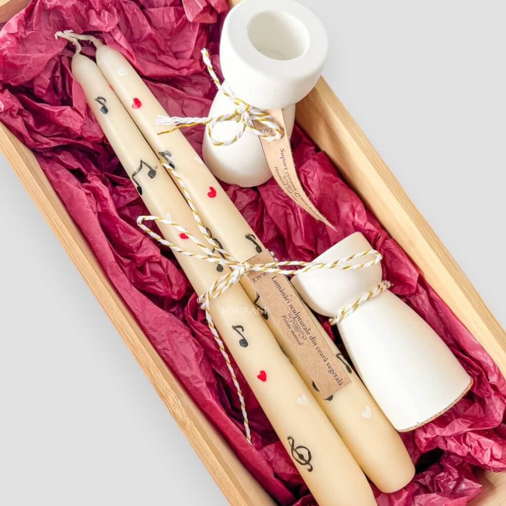 Gift Set “Reverie” – Set of Hand-Painted Conical Candles with Musical Note Design (2 pcs) and Ceramic Candle Holders (2 pcs)