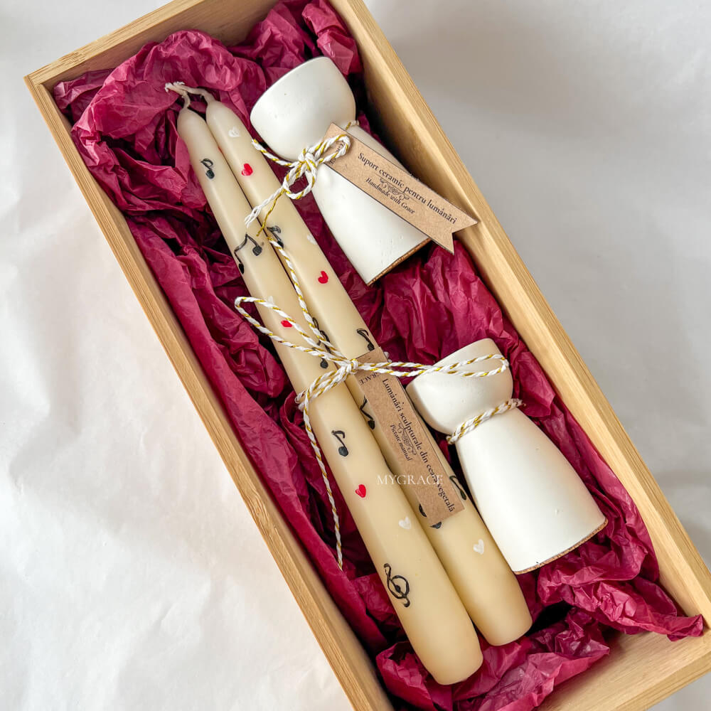 Gift Set “Reverie” – Set of Hand-Painted Conical Candles with Musical Note Design (2 pcs) and Ceramic Candle Holders (2 pcs)