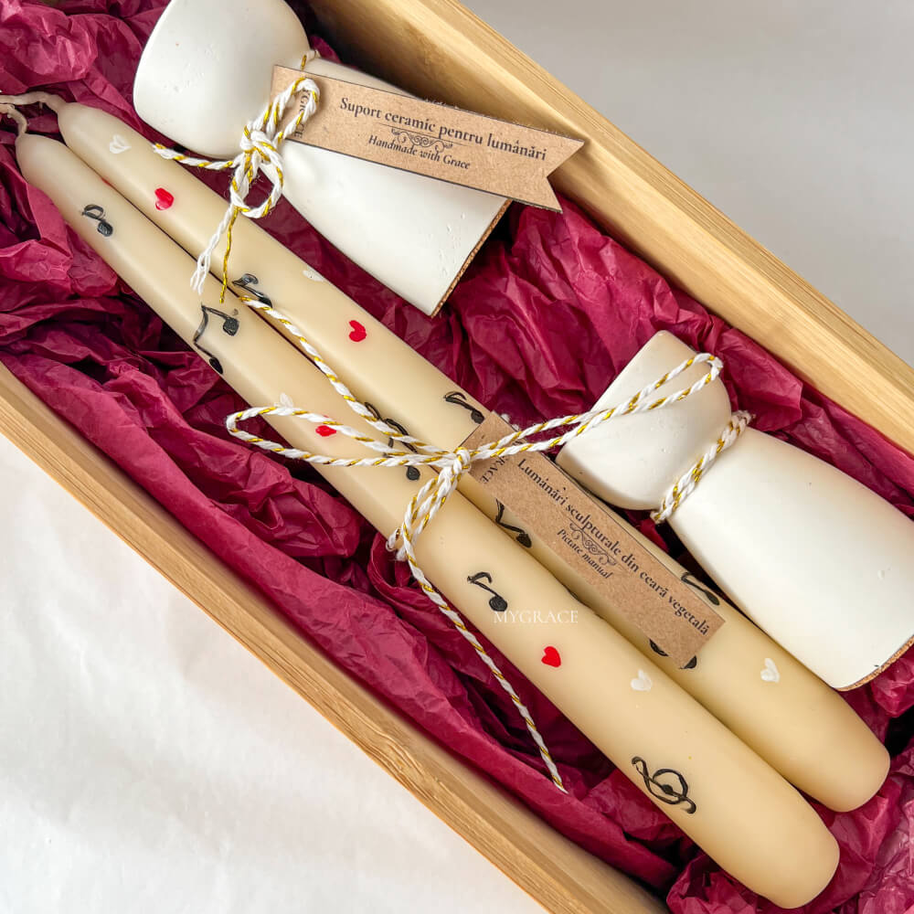 Gift Set “Reverie” – Set of Hand-Painted Conical Candles with Musical Note Design (2 pcs) and Ceramic Candle Holders (2 pcs)