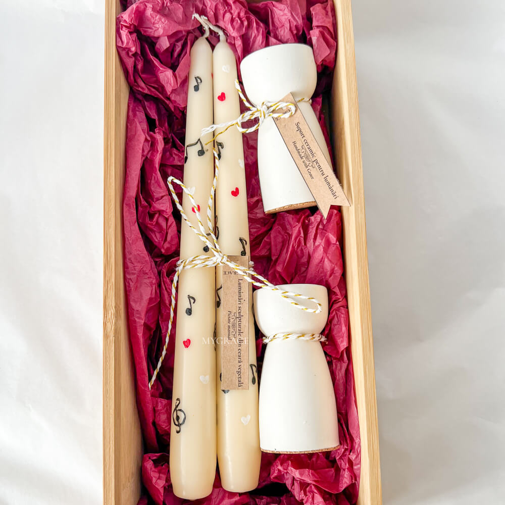 Gift Set “Reverie” – Set of Hand-Painted Conical Candles with Musical Note Design (2 pcs) and Ceramic Candle Holders (2 pcs)