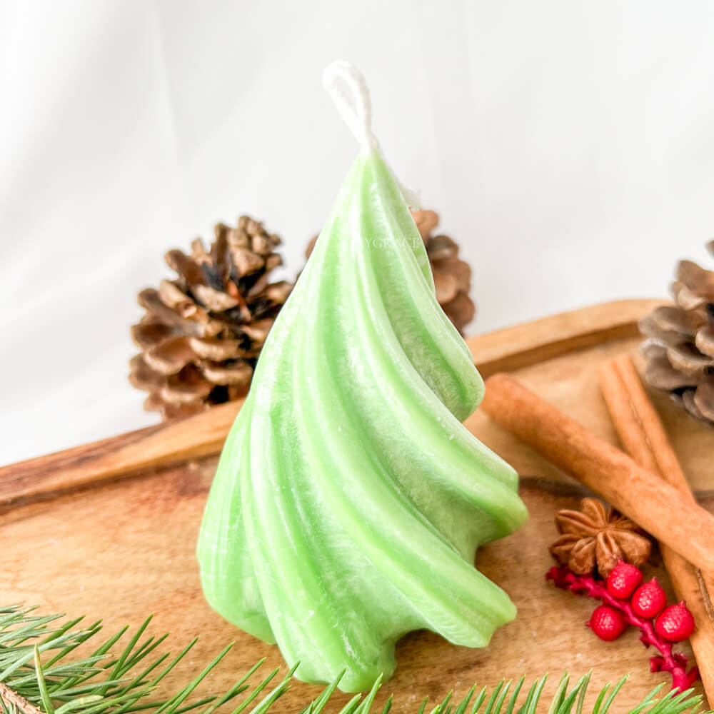 Christmas Candle, Scented, Natural Wax, Green Christmas Tree with Wavy Design, Limited Edition Christmas