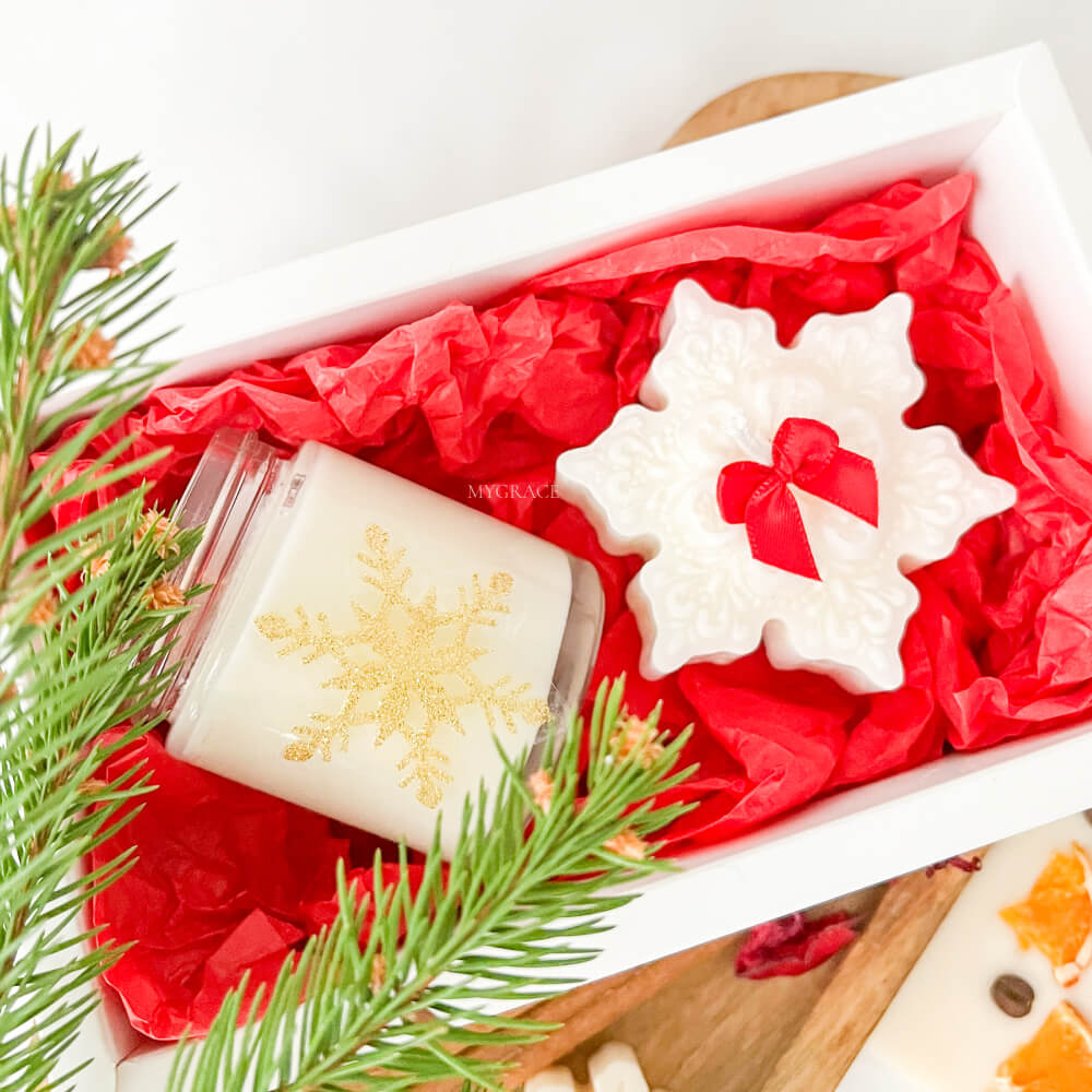 Christmas Gift / Secret Santa – Scented Vegetable Wax Candle Set, Snowflake & Jar Design