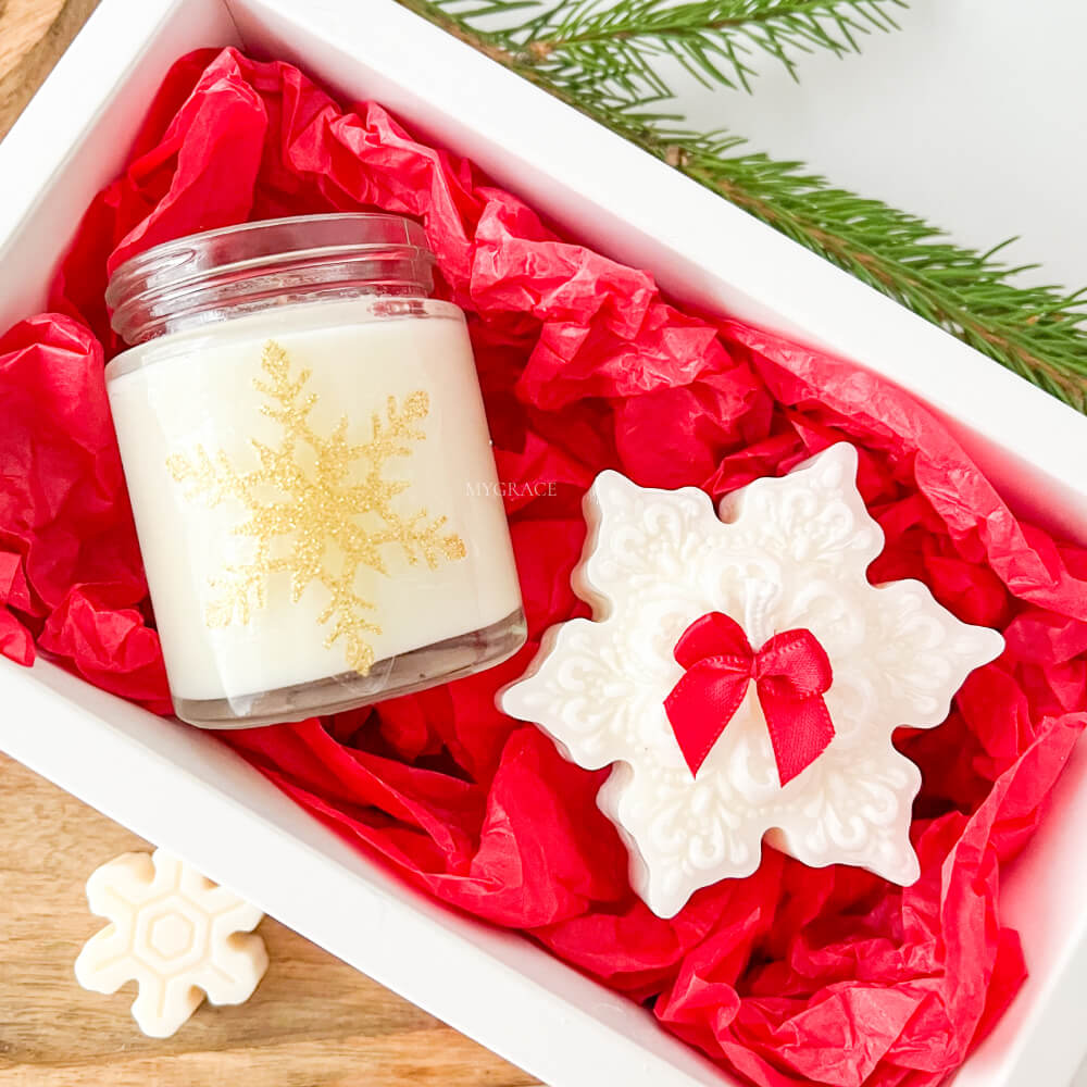Christmas Gift / Secret Santa – Scented Vegetable Wax Candle Set, Snowflake & Jar Design