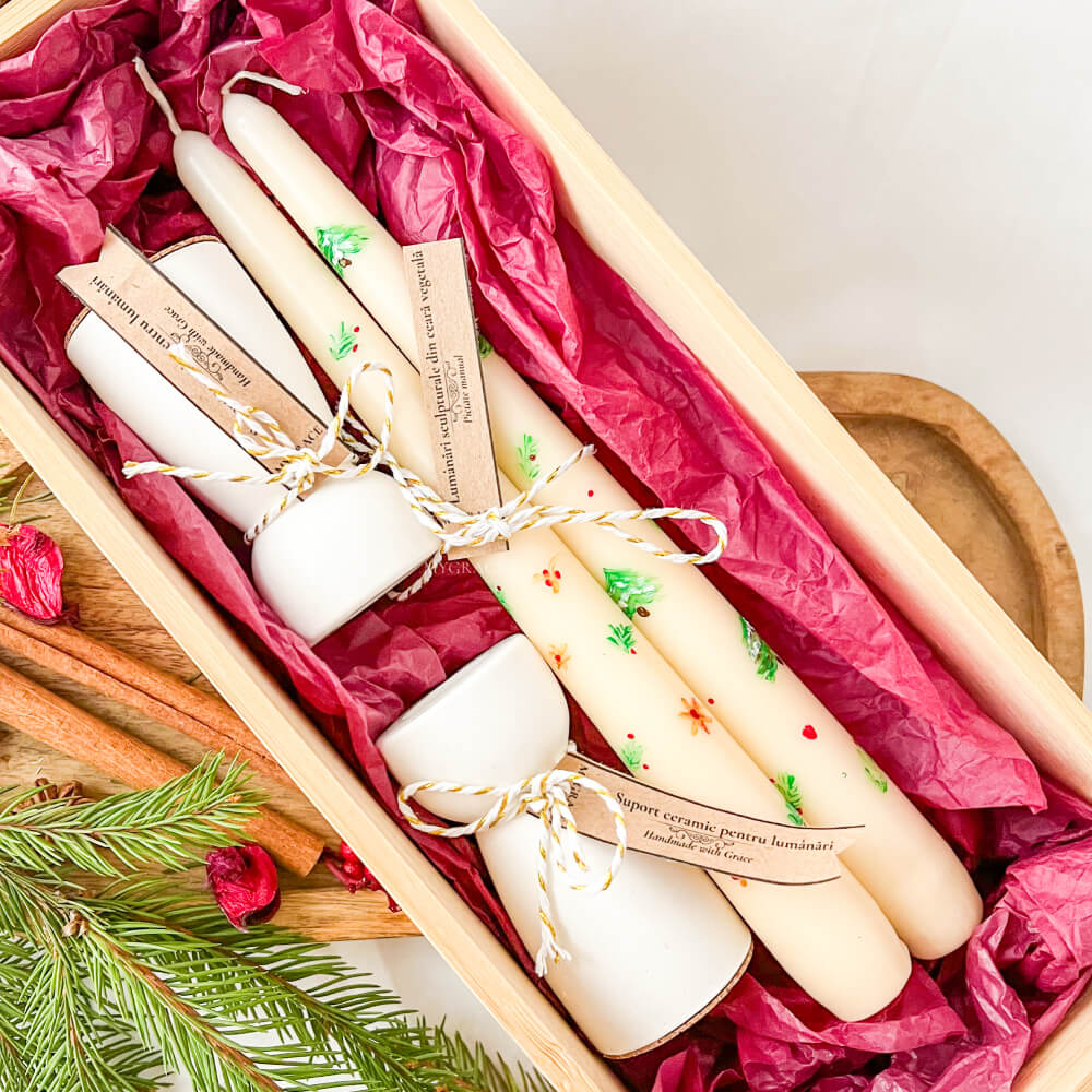 Christmas Gift “Reverie” – Set of Taper Candles for Candle Holders, Hand-Painted, Christmas Design (2 pcs) with Ceramic Candle Holders (2 pcs)