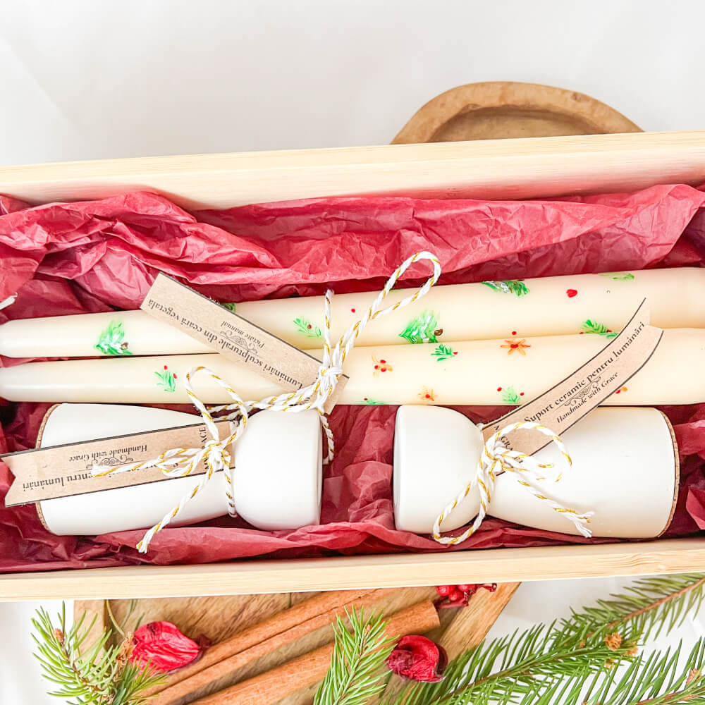 Christmas Gift “Reverie” – Set of Taper Candles for Candle Holders, Hand-Painted, Christmas Design (2 pcs) with Ceramic Candle Holders (2 pcs)