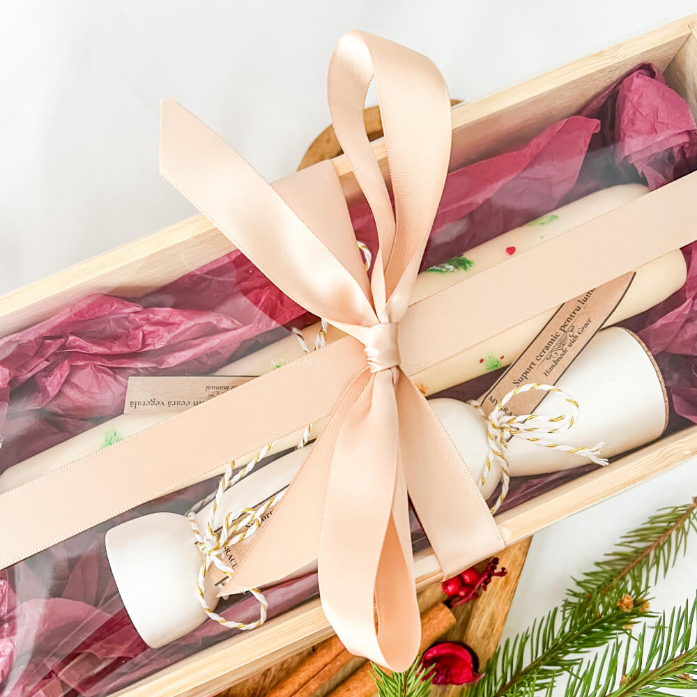 Christmas Gift “Reverie” – Set of Taper Candles for Candle Holders, Hand-Painted, Christmas Design (2 pcs) with Ceramic Candle Holders (2 pcs)