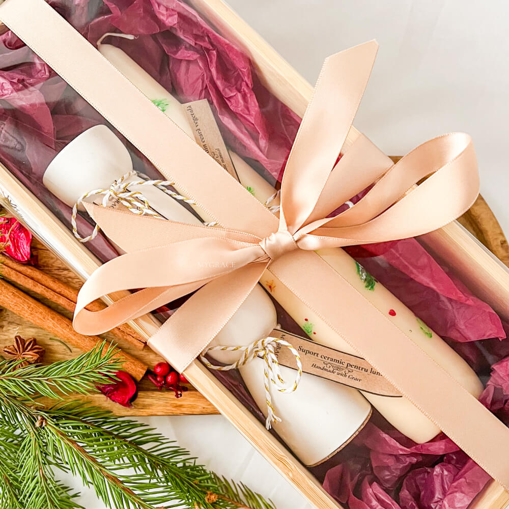 Christmas Gift “Reverie” – Set of Taper Candles for Candle Holders, Hand-Painted, Christmas Design (2 pcs) with Ceramic Candle Holders (2 pcs)