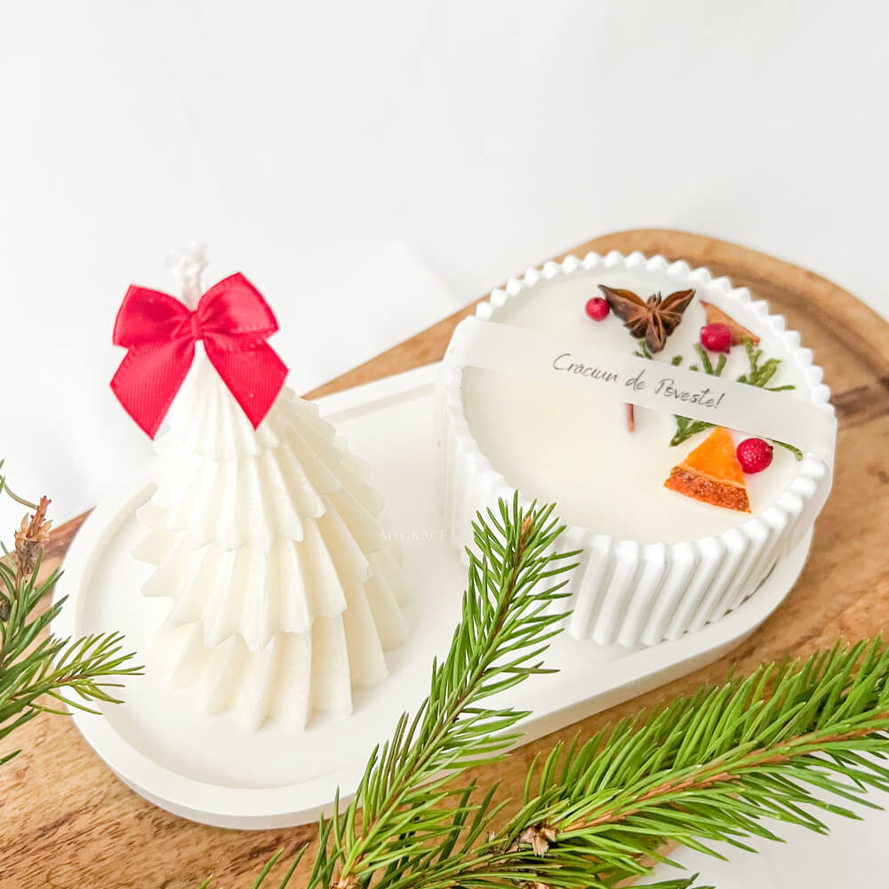 Christmas Gift “Fairytale Christmas” – Set of Scented Candles with Vegetable Wax and Ceramic Tray, Premium Packaging