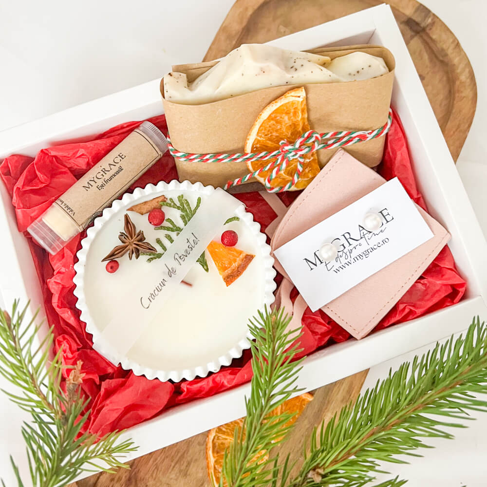 Christmas Gift “Fairytale Christmas” – 1 Pair of 925 Sterling Silver Earrings with Freshwater Pearls, 1 Soy Wax Candle, 1 Natural Soap, 1 Lip Balm