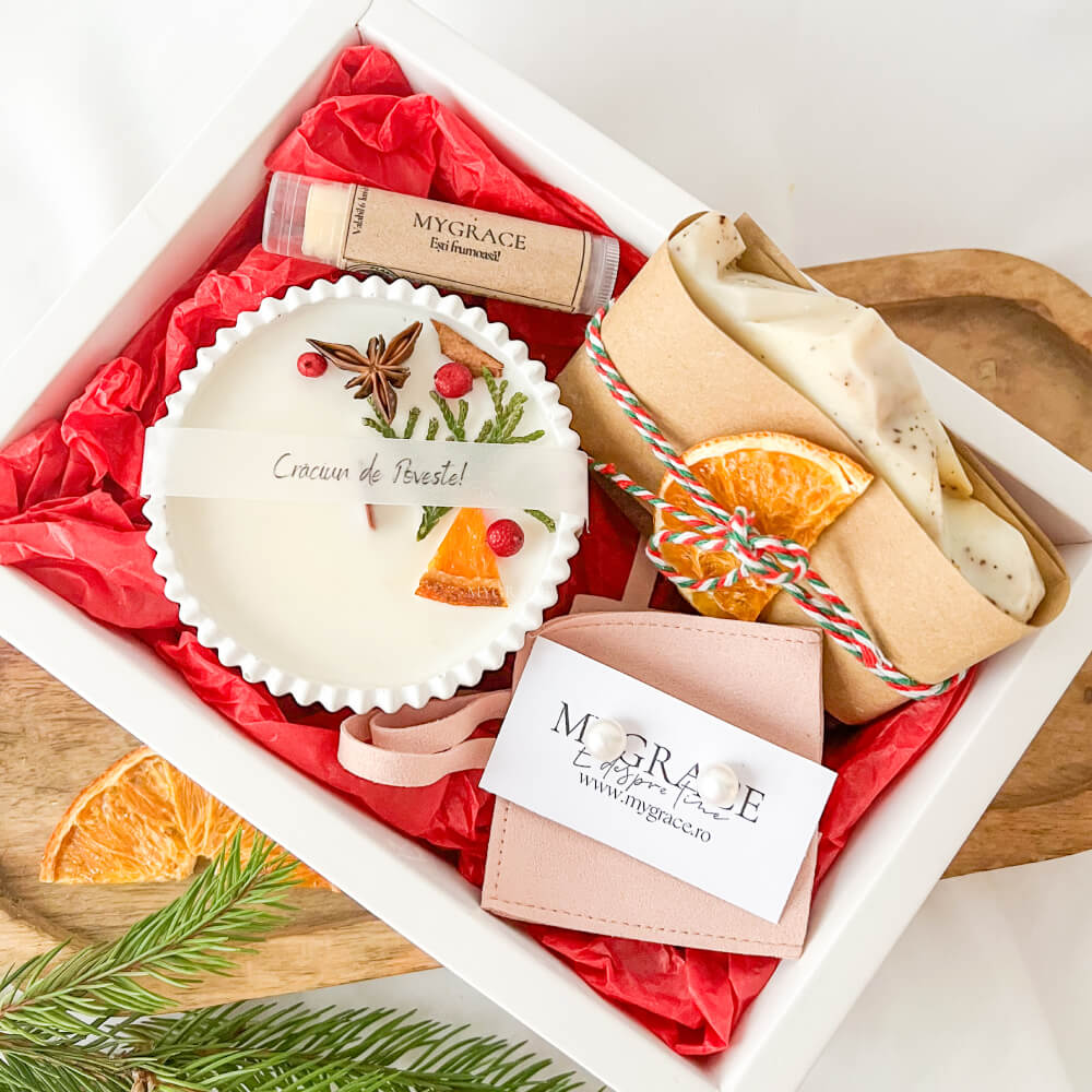 Christmas Gift “Fairytale Christmas” – 1 Pair of 925 Sterling Silver Earrings with Freshwater Pearls, 1 Soy Wax Candle, 1 Natural Soap, 1 Lip Balm