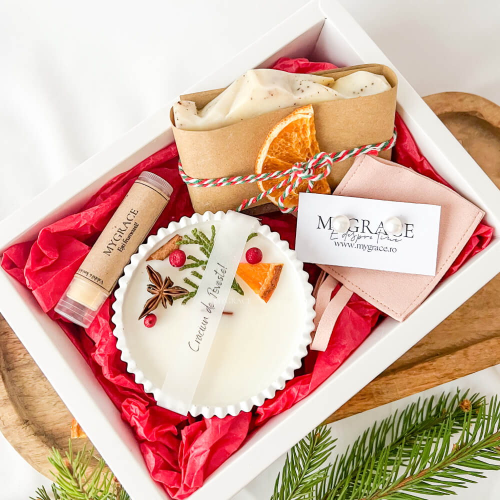 Christmas Gift “Fairytale Christmas” – 1 Pair of 925 Sterling Silver Earrings with Freshwater Pearls, 1 Soy Wax Candle, 1 Natural Soap, 1 Lip Balm