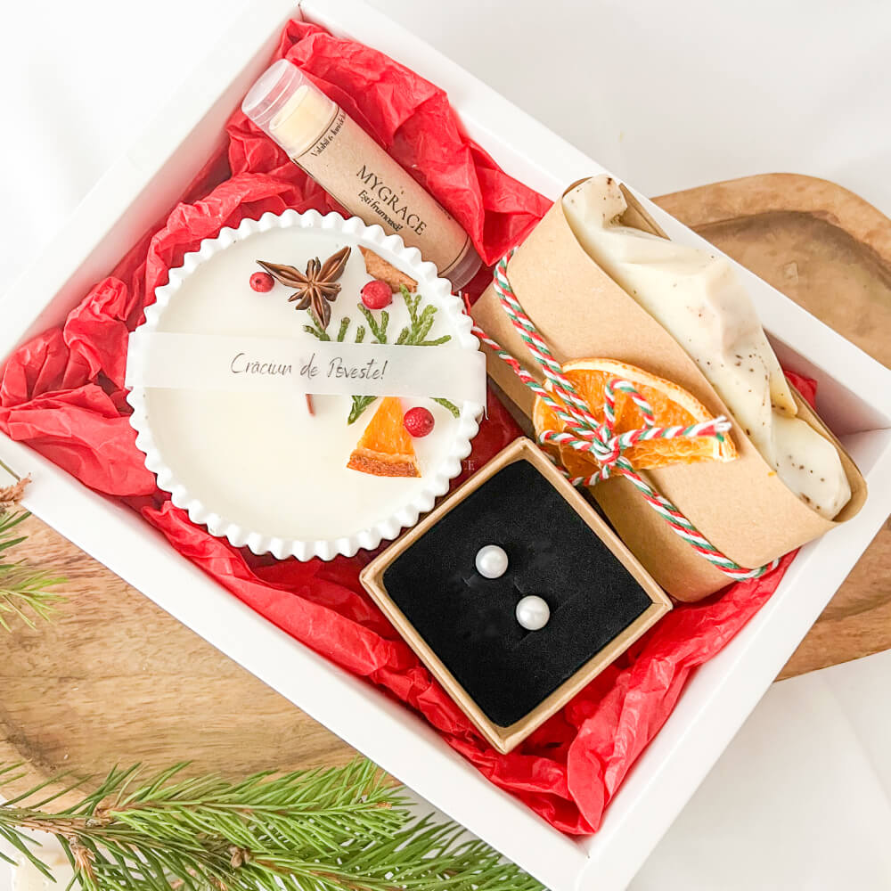 Christmas Gift “Fairytale Christmas” – 1 Pair of 925 Sterling Silver Earrings with Freshwater Pearls, 1 Soy Wax Candle, 1 Natural Soap, 1 Lip Balm