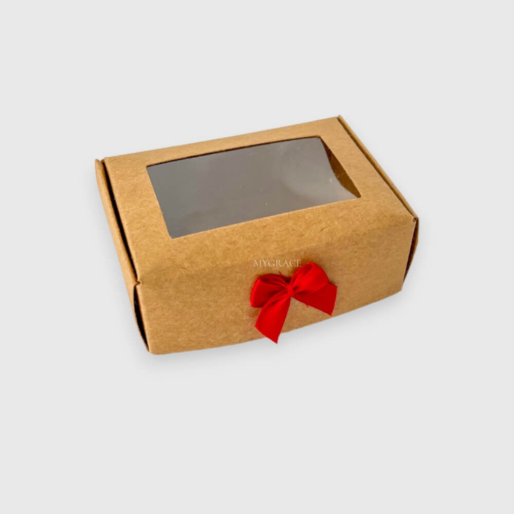 Cutie cadou cu fereastră și fundiță, kraft, carton, 8.5x6x3 cm