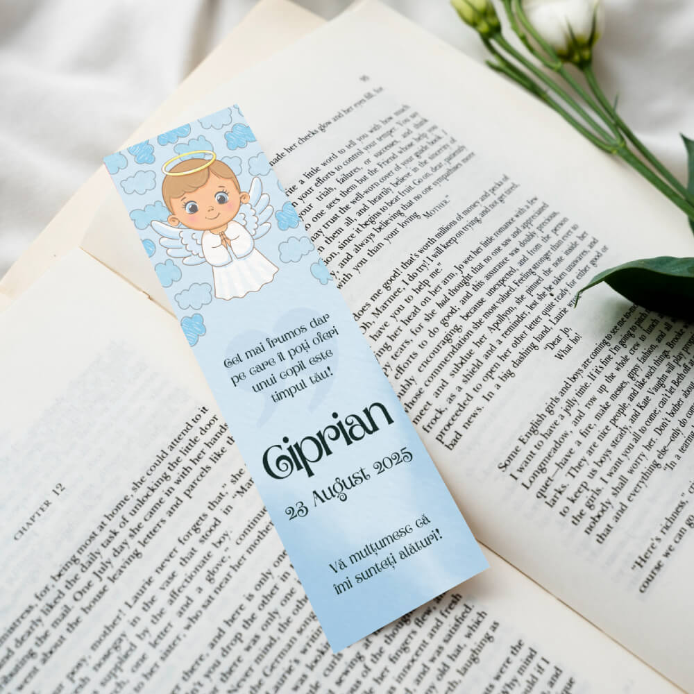 Mărturii botez băiat - Semn de carte, model Îngeraș, albastru, carton caligrafic texturat