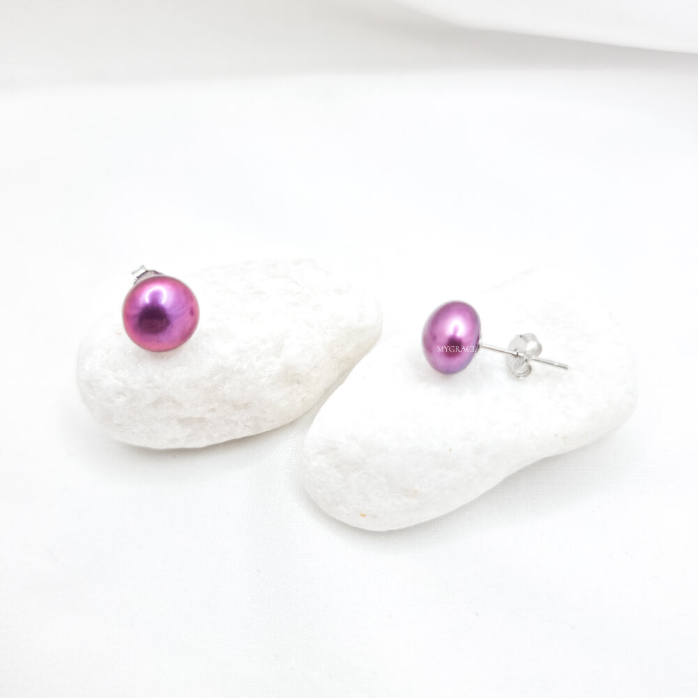 Silver Earrings “Be Pure”, Purple, 925 Sterling Silver and Natural Pearls 8–9 mm, MYGRACE