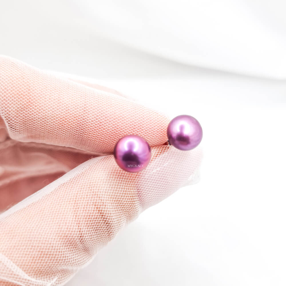 Silver Earrings “Be Pure”, Purple, 925 Sterling Silver and Natural Pearls 8–9 mm, MYGRACE