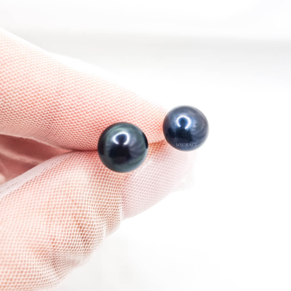Silver Earrings “Be Pure”, Dark Blue/Black, 925 Sterling Silver, Natural Pearls 8-9 mm, MYGRACE