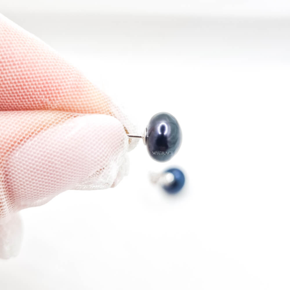 Silver Earrings “Be Pure”, Dark Blue/Black, 925 Sterling Silver, Natural Pearls 8-9 mm, MYGRACE