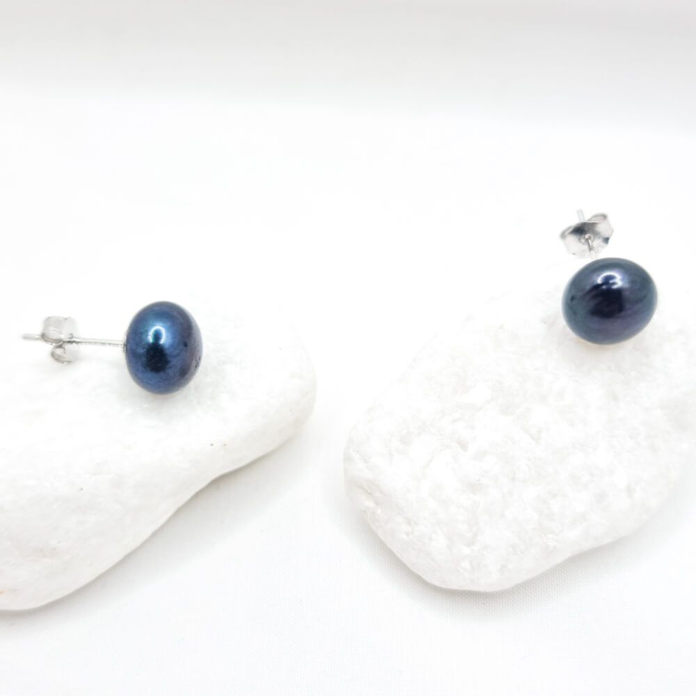 Silver Earrings “Be Pure”, Dark Blue/Black, 925 Sterling Silver, Natural Pearls 8-9 mm, MYGRACE