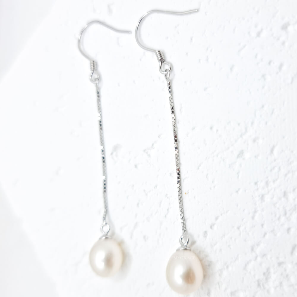 Silver Earrings “Be Pure”, White, 925 Sterling Silver and Natural Pearls 8 mm, Long Drop, Bridal, MYGRACE