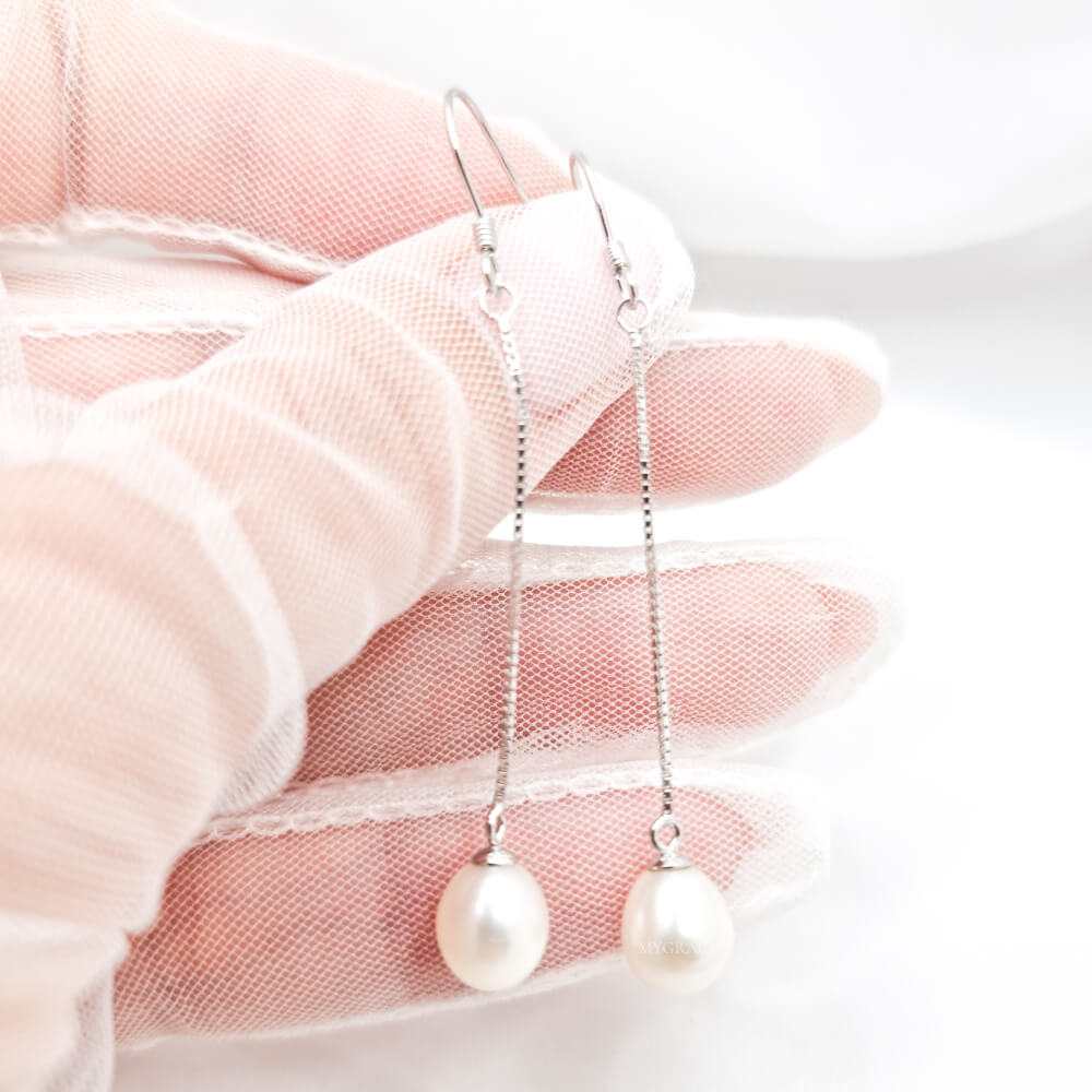 Silver Earrings “Be Pure”, White, 925 Sterling Silver and Natural Pearls 8 mm, Long Drop, Bridal, MYGRACE