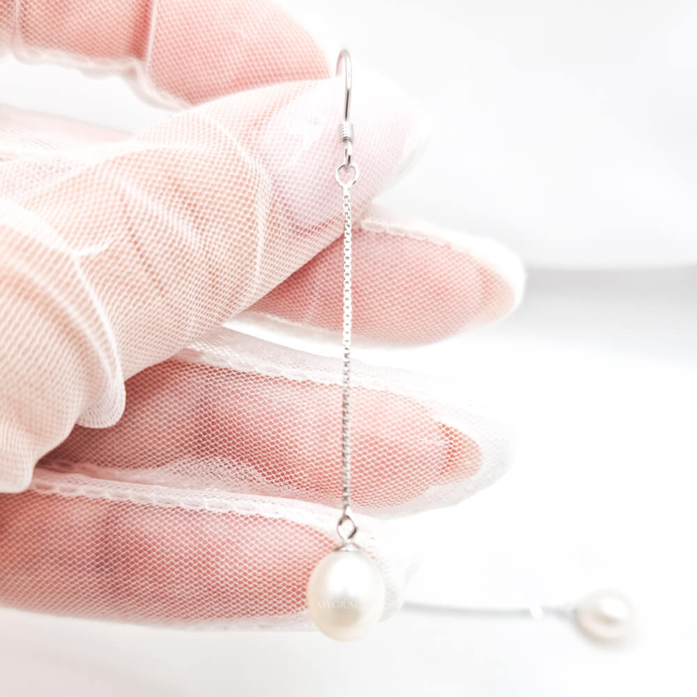 Silver Earrings “Be Pure”, White, 925 Sterling Silver and Natural Pearls 8 mm, Long Drop, Bridal, MYGRACE
