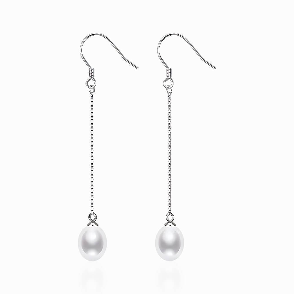 Silver Earrings “Be Pure”, White, 925 Sterling Silver and Natural Pearls 8 mm, Long Drop, Bridal, MYGRACE