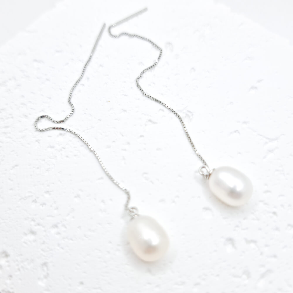 Silver Earrings “Be Pure”, White, 925 Sterling Silver and Natural Pearls 8 mm, Long Threader, Bridal, MYGRACE