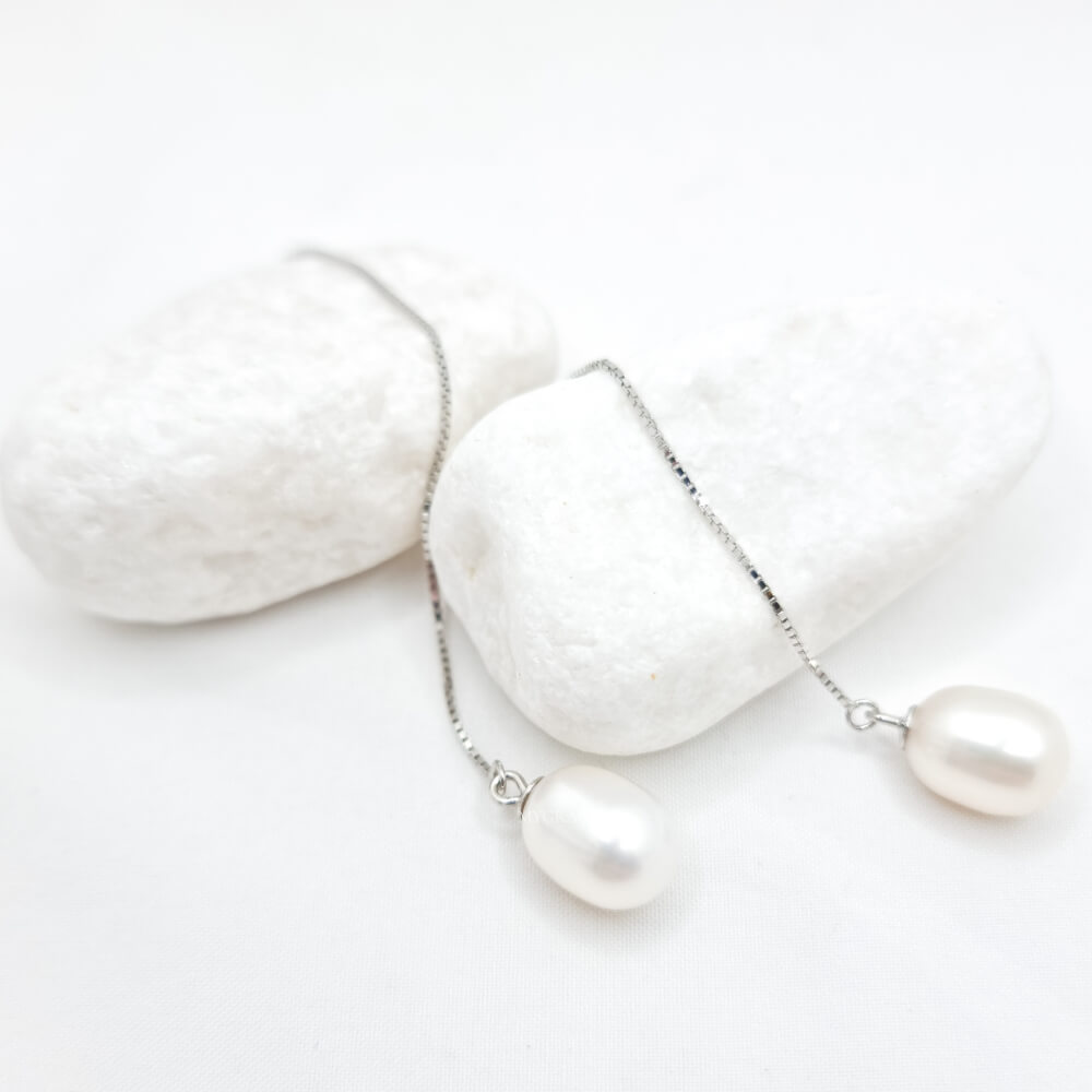 Silver Earrings “Be Pure”, White, 925 Sterling Silver and Natural Pearls 8 mm, Long Threader, Bridal, MYGRACE