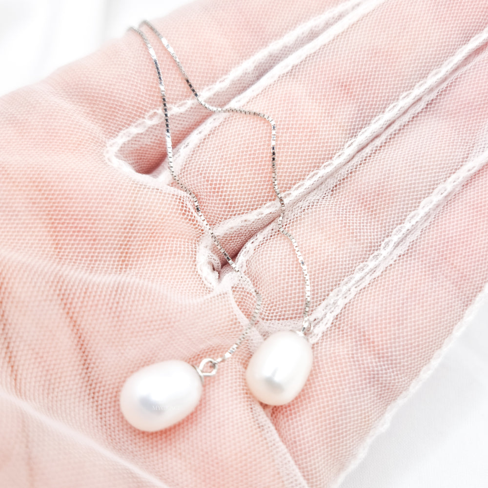 Silver Earrings “Be Pure”, White, 925 Sterling Silver and Natural Pearls 8 mm, Long Threader, Bridal, MYGRACE
