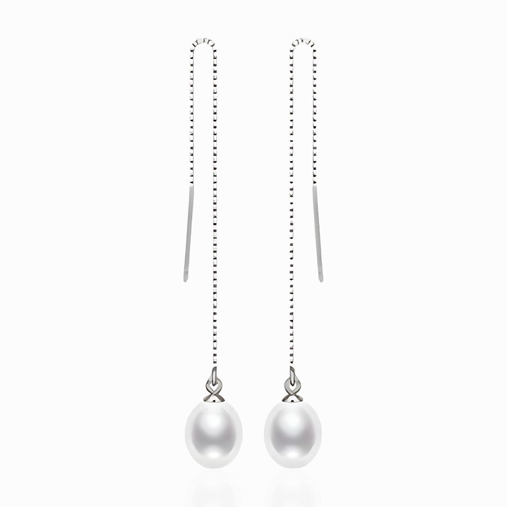 Silver Earrings “Be Pure”, White, 925 Sterling Silver and Natural Pearls 8 mm, Long Threader, Bridal, MYGRACE