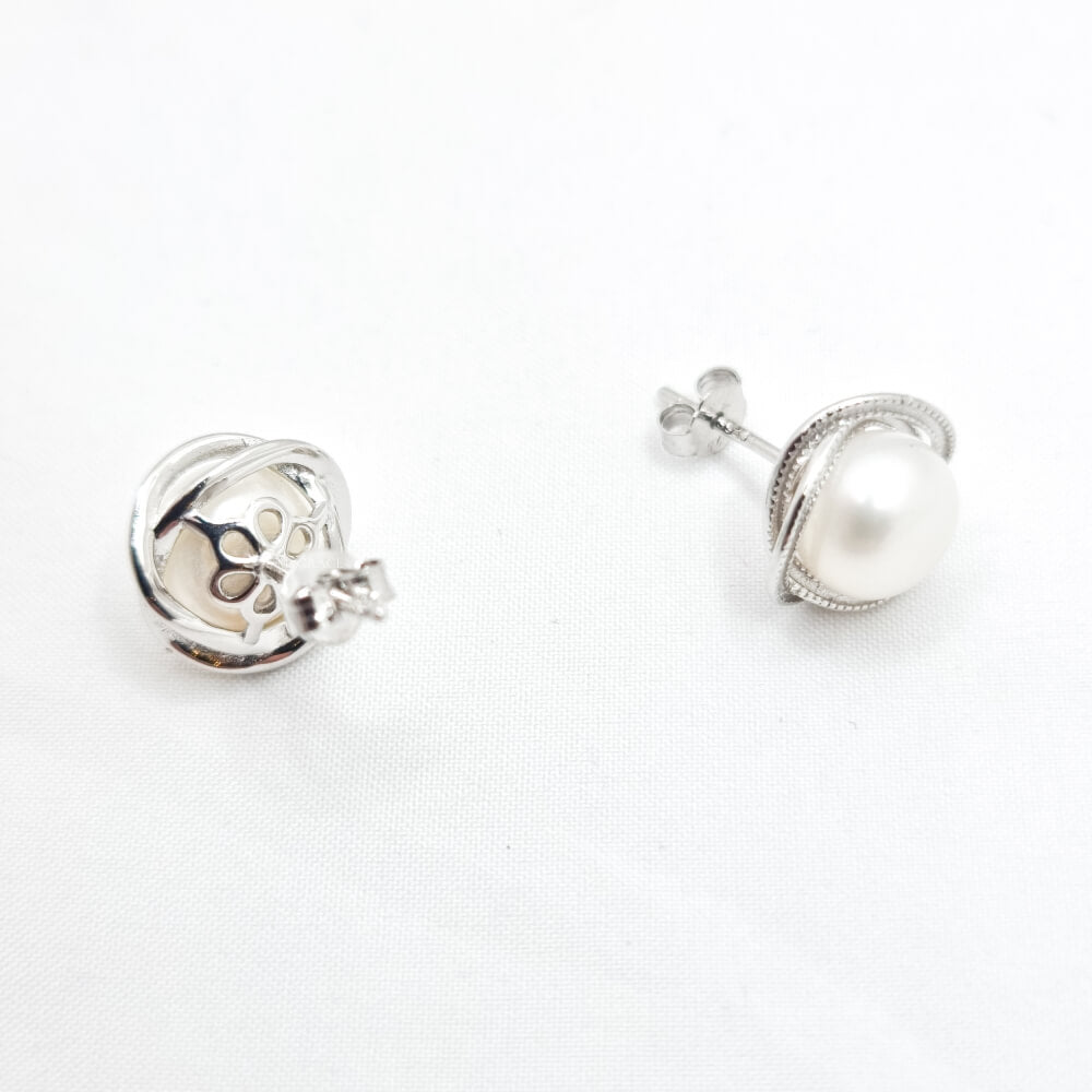 Cercei argint ”Be pure”, albi, argint 925 și perle naturale 8 mm, montură argintie, mireasă, MYGRACE