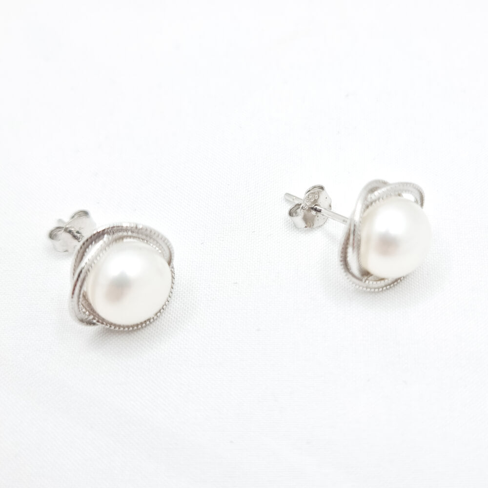Cercei argint ”Be pure”, albi, argint 925 și perle naturale 8 mm, montură argintie, mireasă, MYGRACE