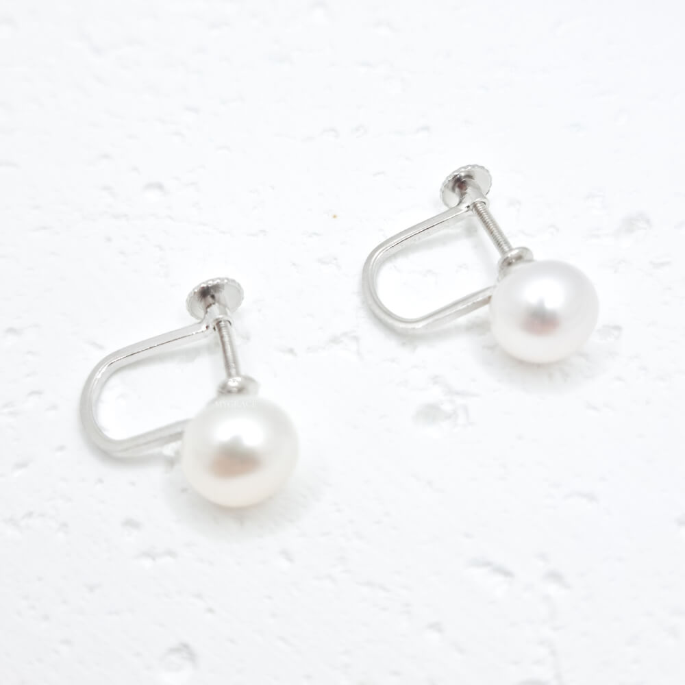Silver Earrings “Be Pure”, White, 925 Sterling Silver & Natural Pearls 8 mm, Ear Clip (No Piercing), Bridal, MYGRACE