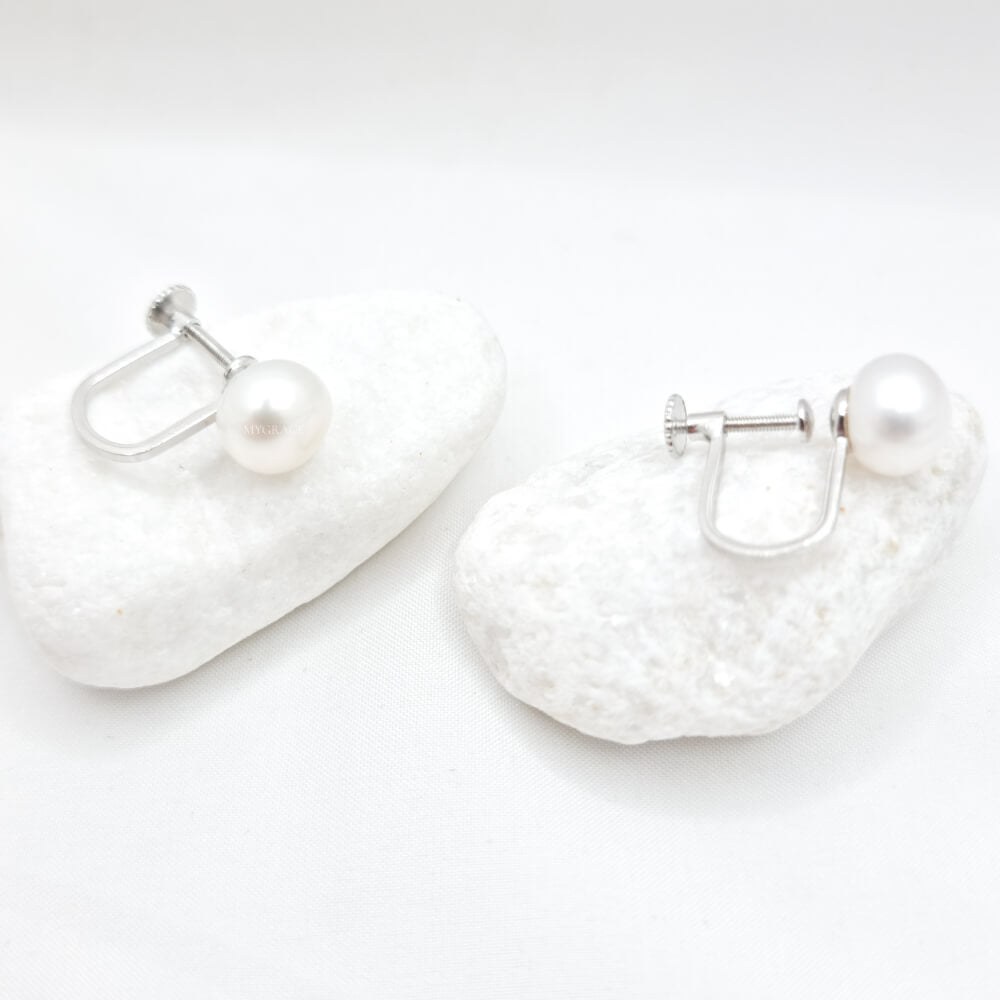 Silver Earrings “Be Pure”, White, 925 Sterling Silver & Natural Pearls 8 mm, Ear Clip (No Piercing), Bridal, MYGRACE