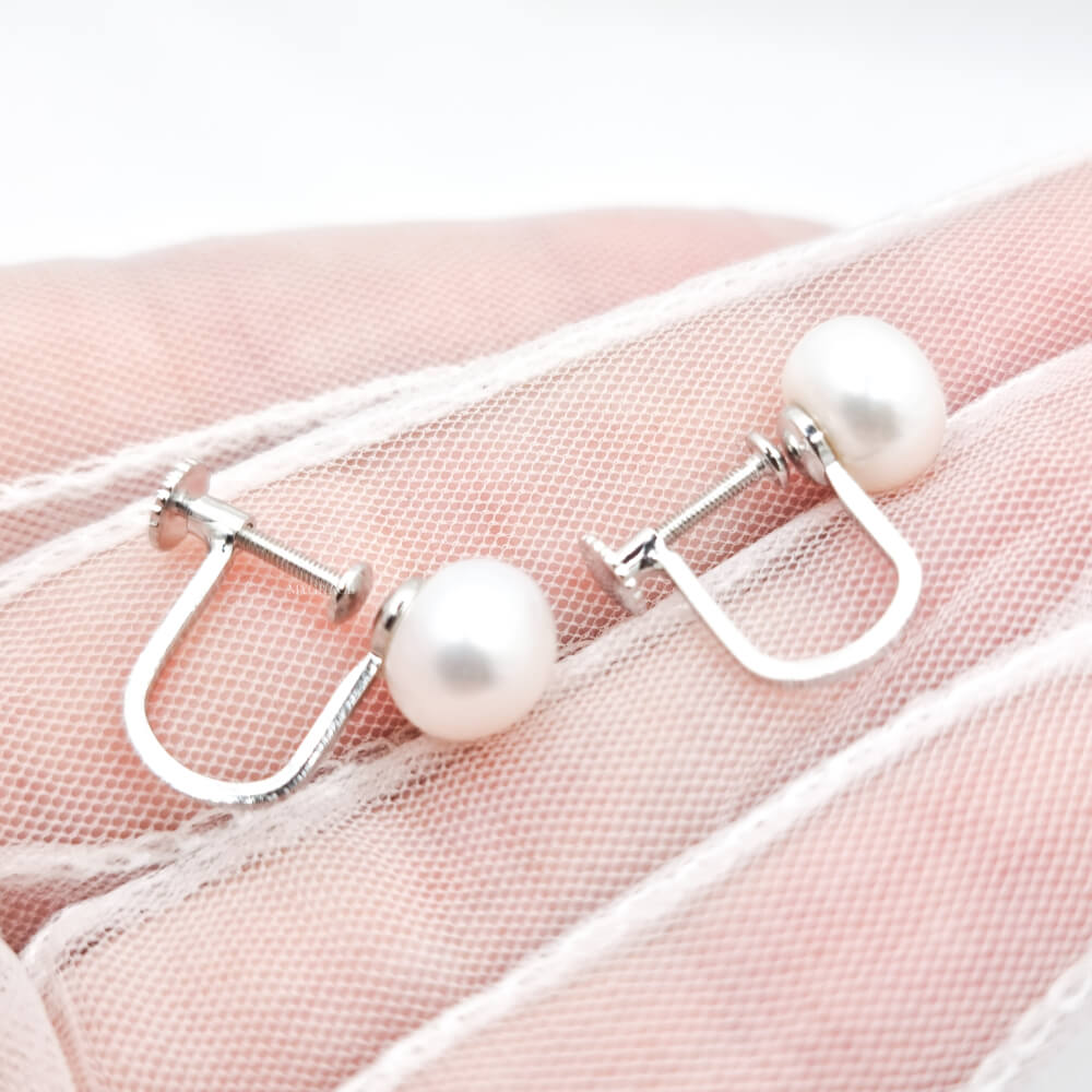 Silver Earrings “Be Pure”, White, 925 Sterling Silver & Natural Pearls 8 mm, Ear Clip (No Piercing), Bridal, MYGRACE