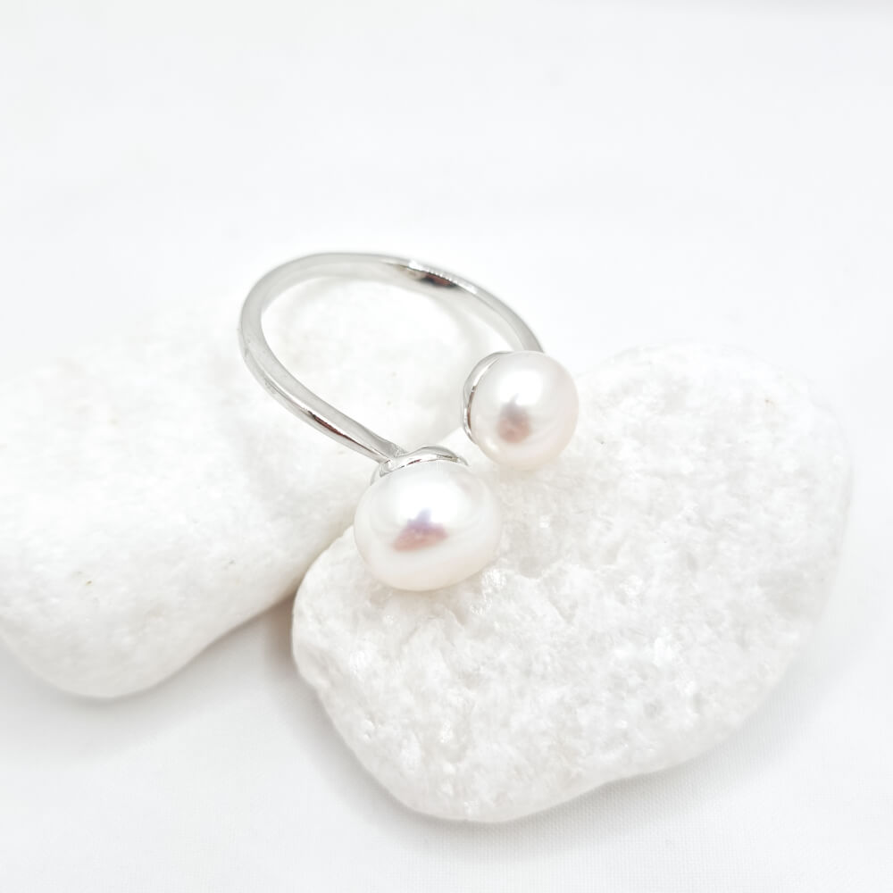 Silver Ring “Be Pure”, White, 925 Sterling Silver and Natural Pearls, Adjustable, MYGRACE