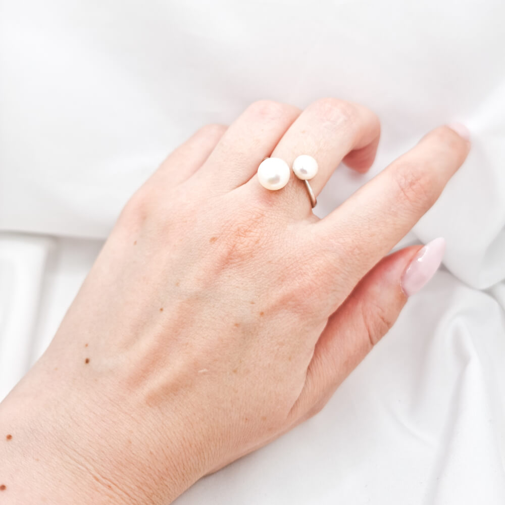 Silver Ring “Be Pure”, White, 925 Sterling Silver and Natural Pearls, Adjustable, MYGRACE