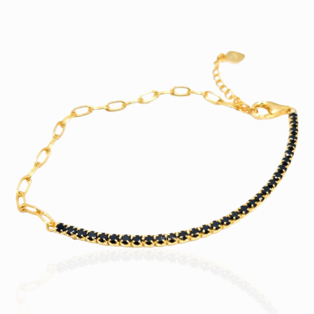 925 Sterling Silver Tennis Bracelet, Gold/Black, Gold-Plated and Adorned with Zirconia/Links, 2 mm, MYGRACE