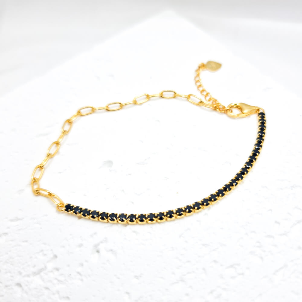 925 Sterling Silver Tennis Bracelet, Gold/Black, Gold-Plated and Adorned with Zirconia/Links, 2 mm, MYGRACE